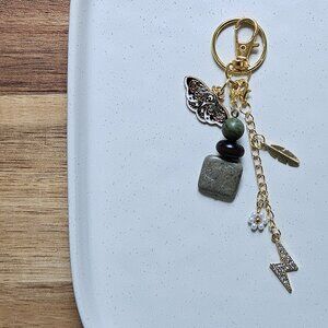 Handmade Earthy Keychain with Natural Stone Beads, Lightning Bolt Charm & Butter